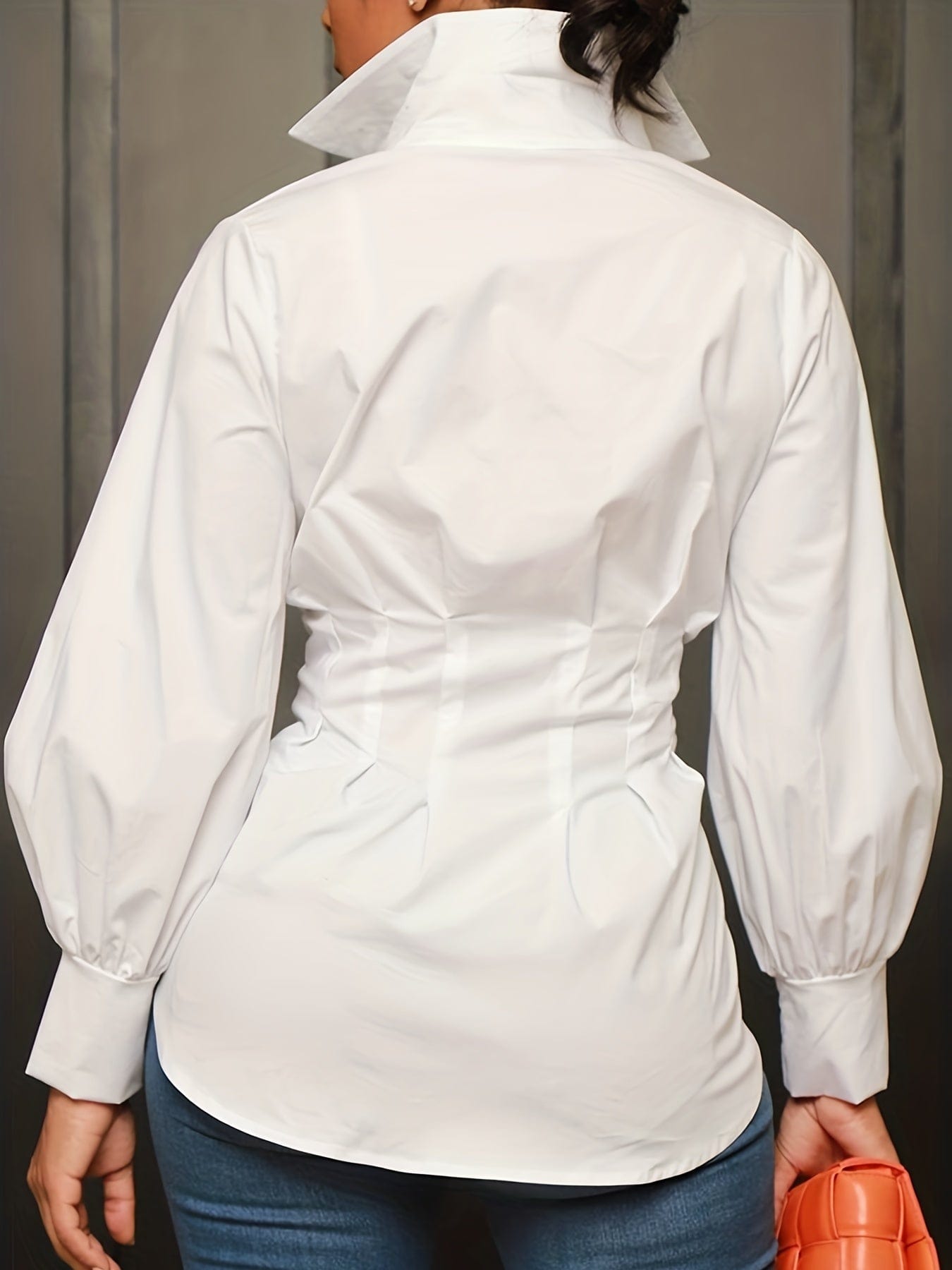 Plus Size Casual Blouse, Women's Plus Solid Button Up Lantern Sleeve Turn Down Collar Nipped Waist Blouse