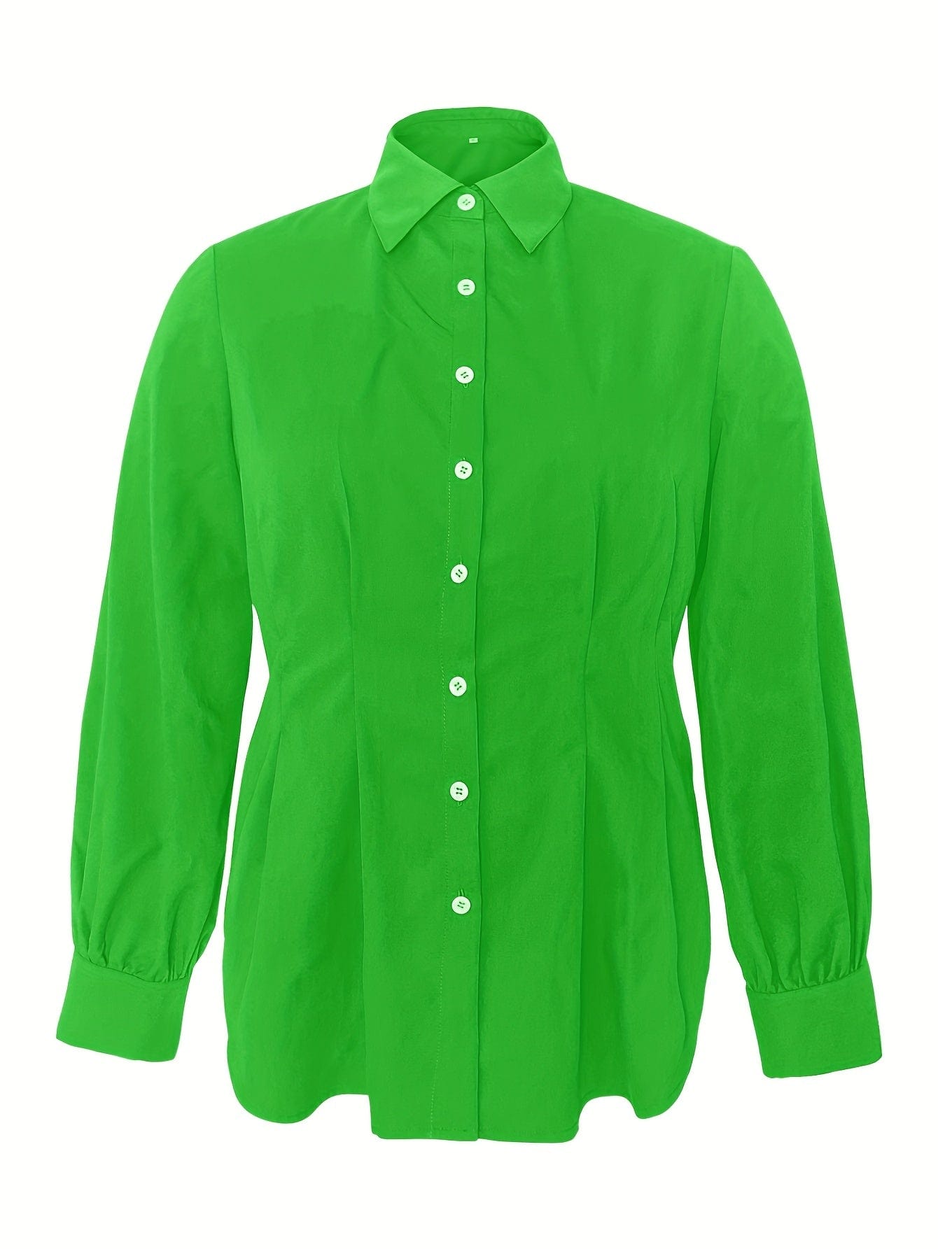 Plus Size Casual Blouse, Women's Plus Solid Button Up Lantern Sleeve Turn Down Collar Nipped Waist Blouse