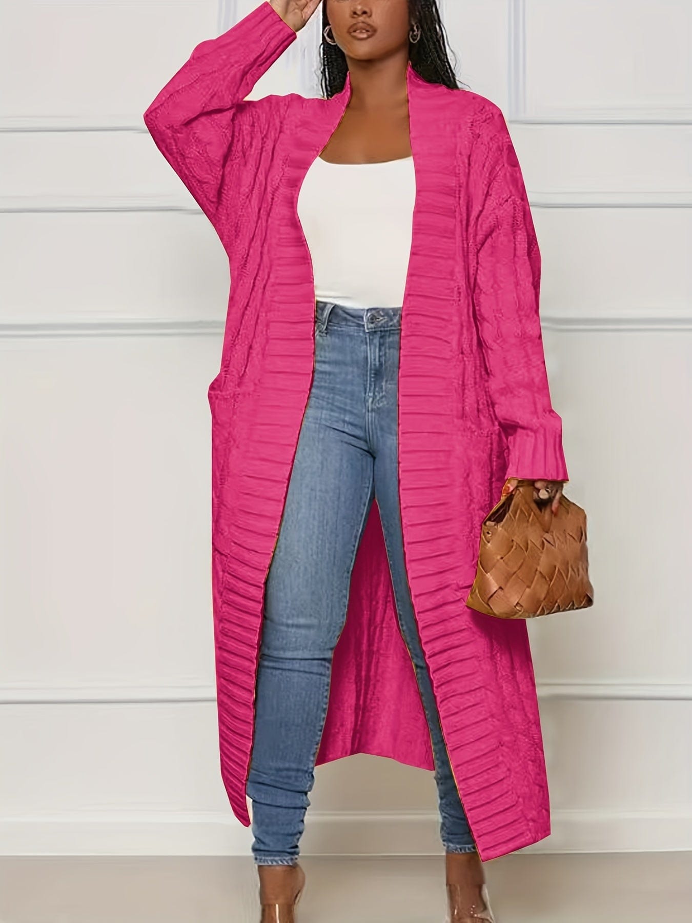 Plus Size Casual Cardigan, Women's Plus Cable Knitted Long Sleeve Open Front Medium Stretch Sweater Cardigan With Pockets