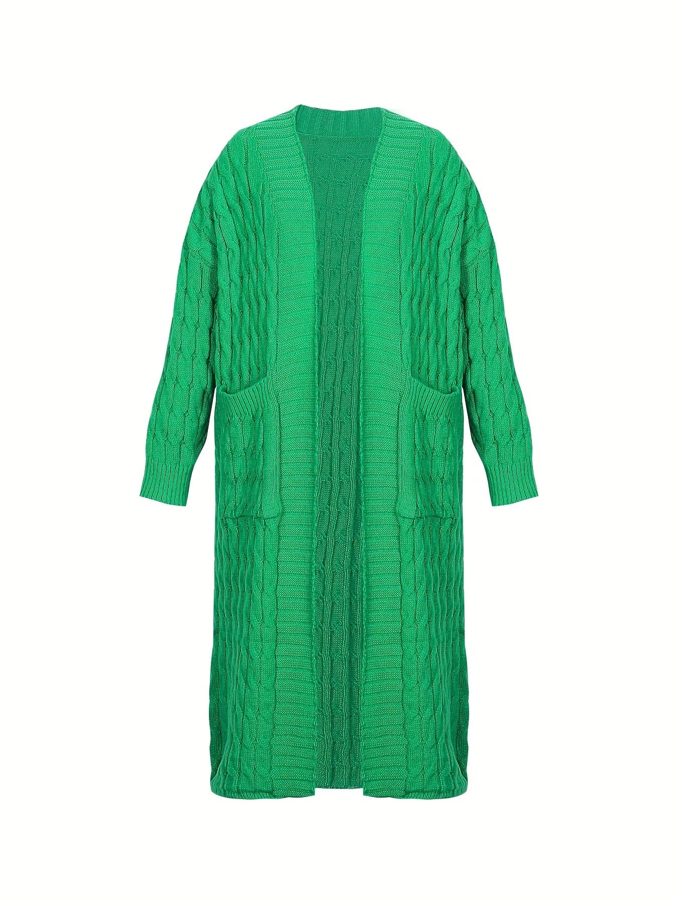 Plus Size Casual Cardigan, Women's Plus Cable Knitted Long Sleeve Open Front Medium Stretch Sweater Cardigan With Pockets