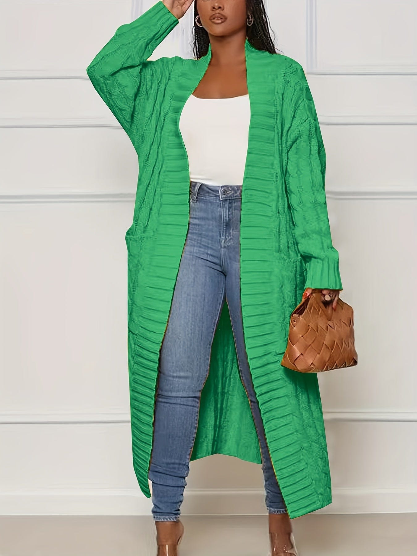 Plus Size Casual Cardigan, Women's Plus Cable Knitted Long Sleeve Open Front Medium Stretch Sweater Cardigan With Pockets