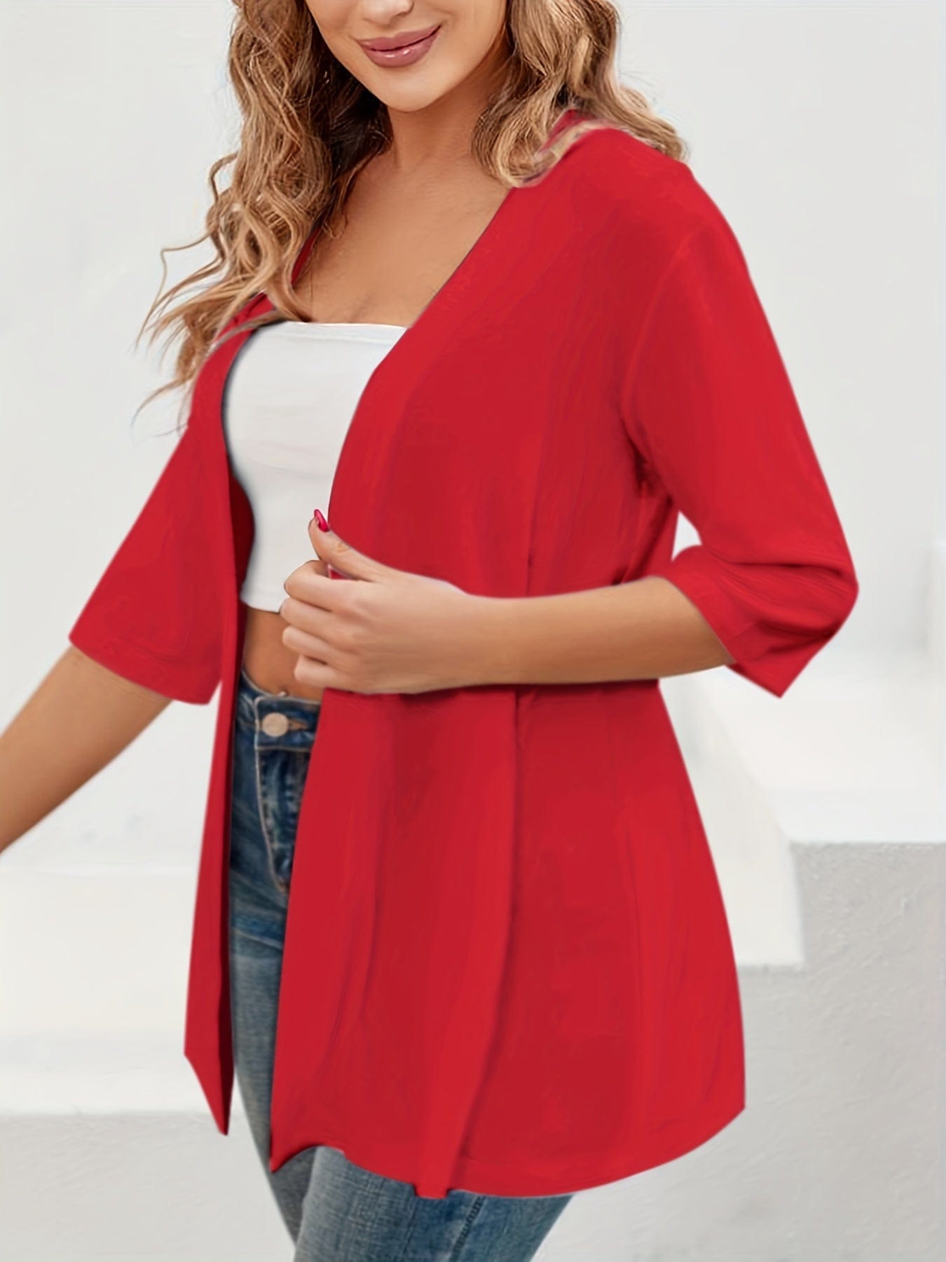 Plus Size Casual Cardigan, Women's Plus Solid Half Sleeve Open Front High Stretch Cardigan