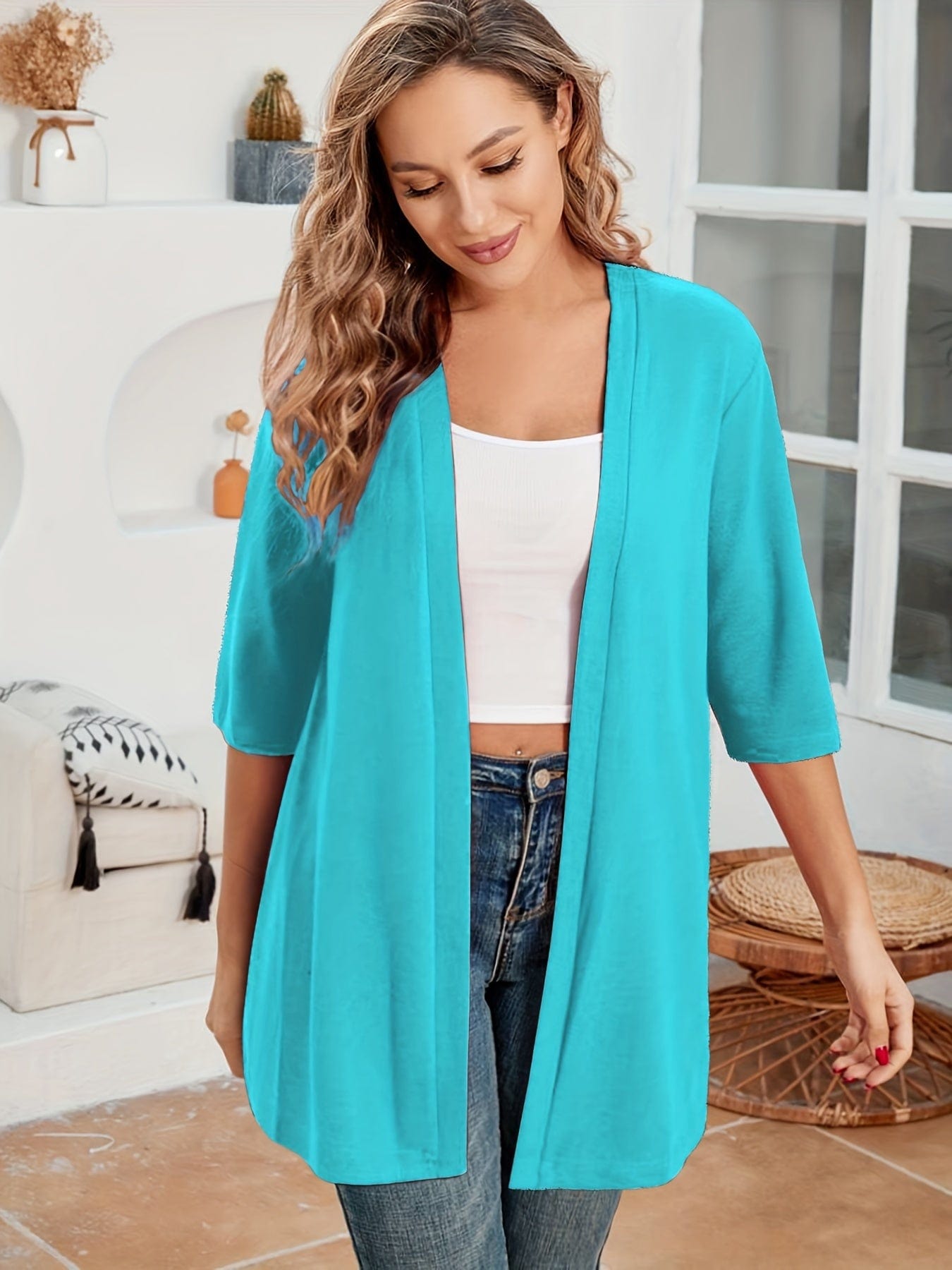 Plus Size Casual Cardigan, Women's Plus Solid Half Sleeve Open Front High Stretch Cardigan