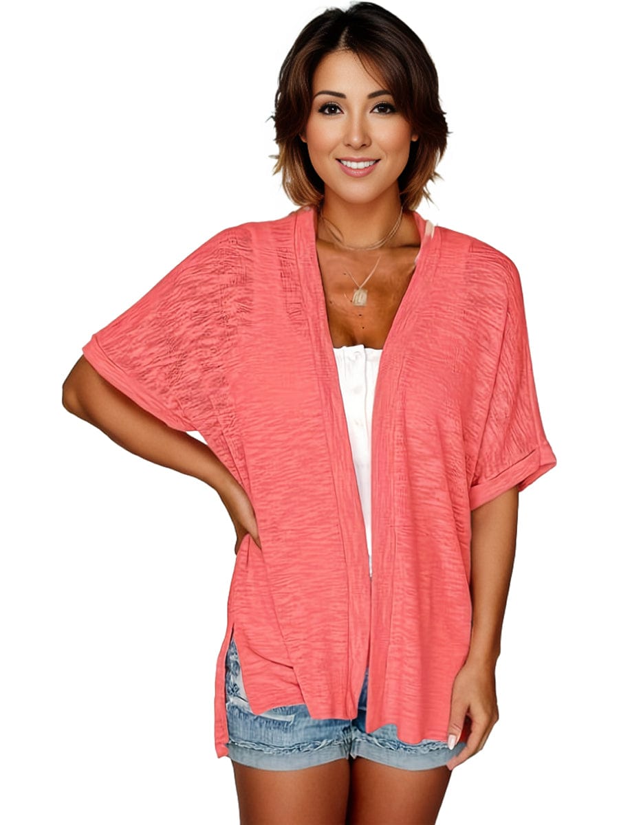 Plus Size Casual Cardigan, Women's Plus Solid Short Sleeve Open Front Slight Stretch Cardigan