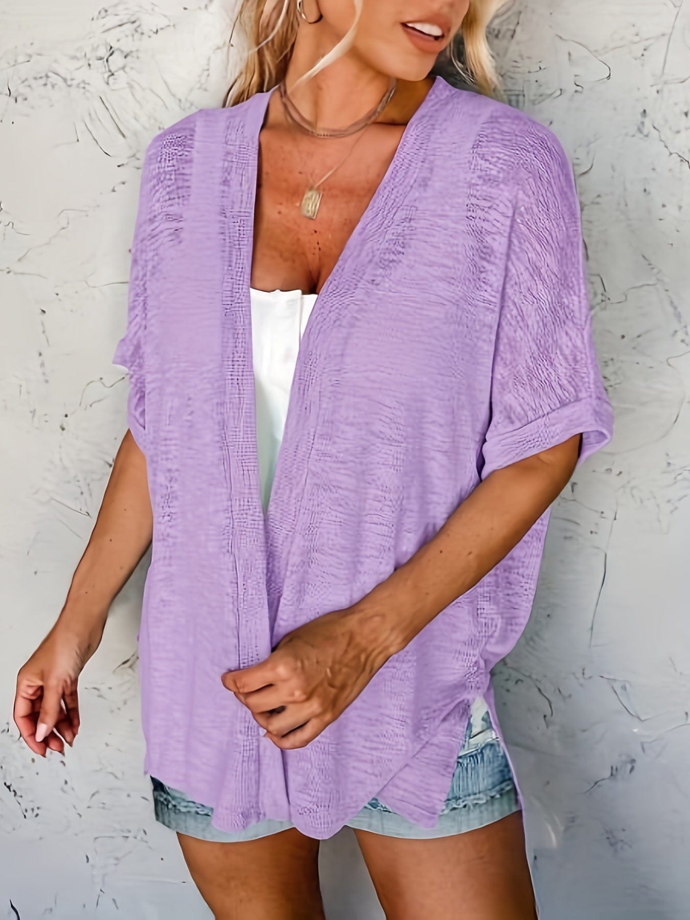 Plus Size Casual Cardigan, Women's Plus Solid Short Sleeve Open Front Slight Stretch Cardigan