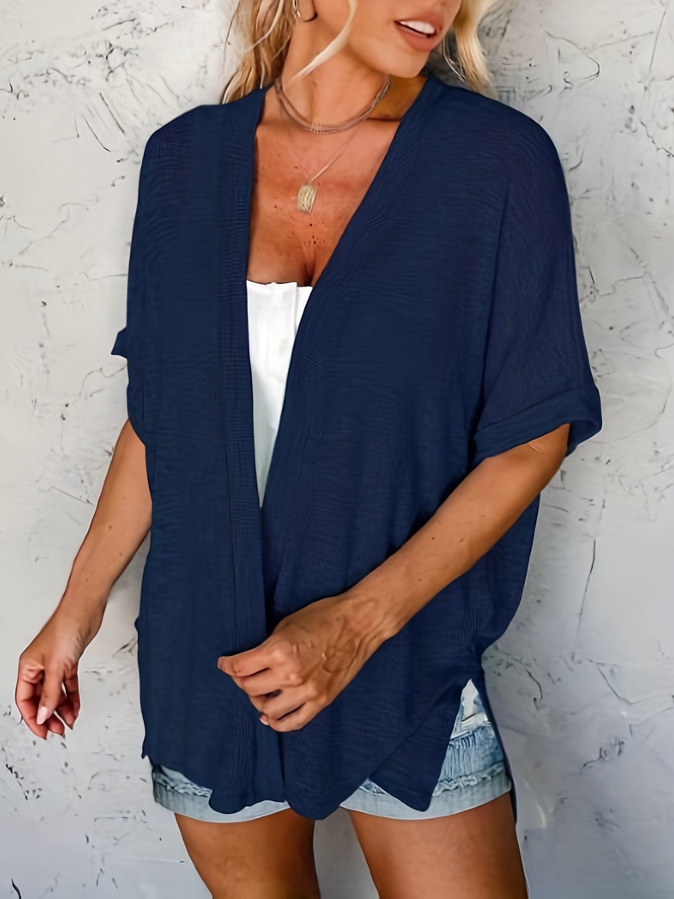 Plus Size Casual Cardigan, Women's Plus Solid Short Sleeve Open Front Slight Stretch Cardigan