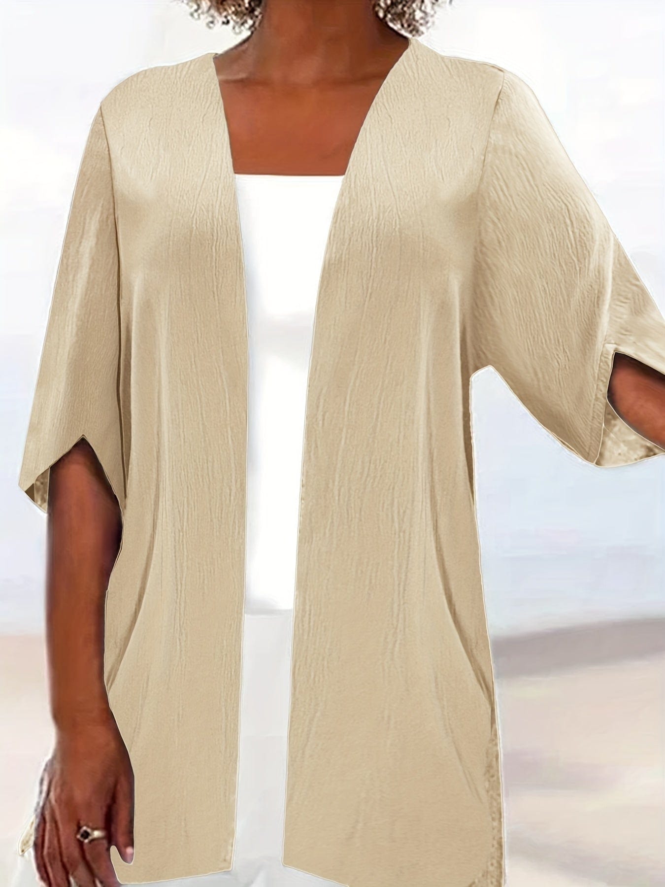 Plus Size Casual Coat, Women's Plus Solid Half Sleeve Open Front Loose Cardigan