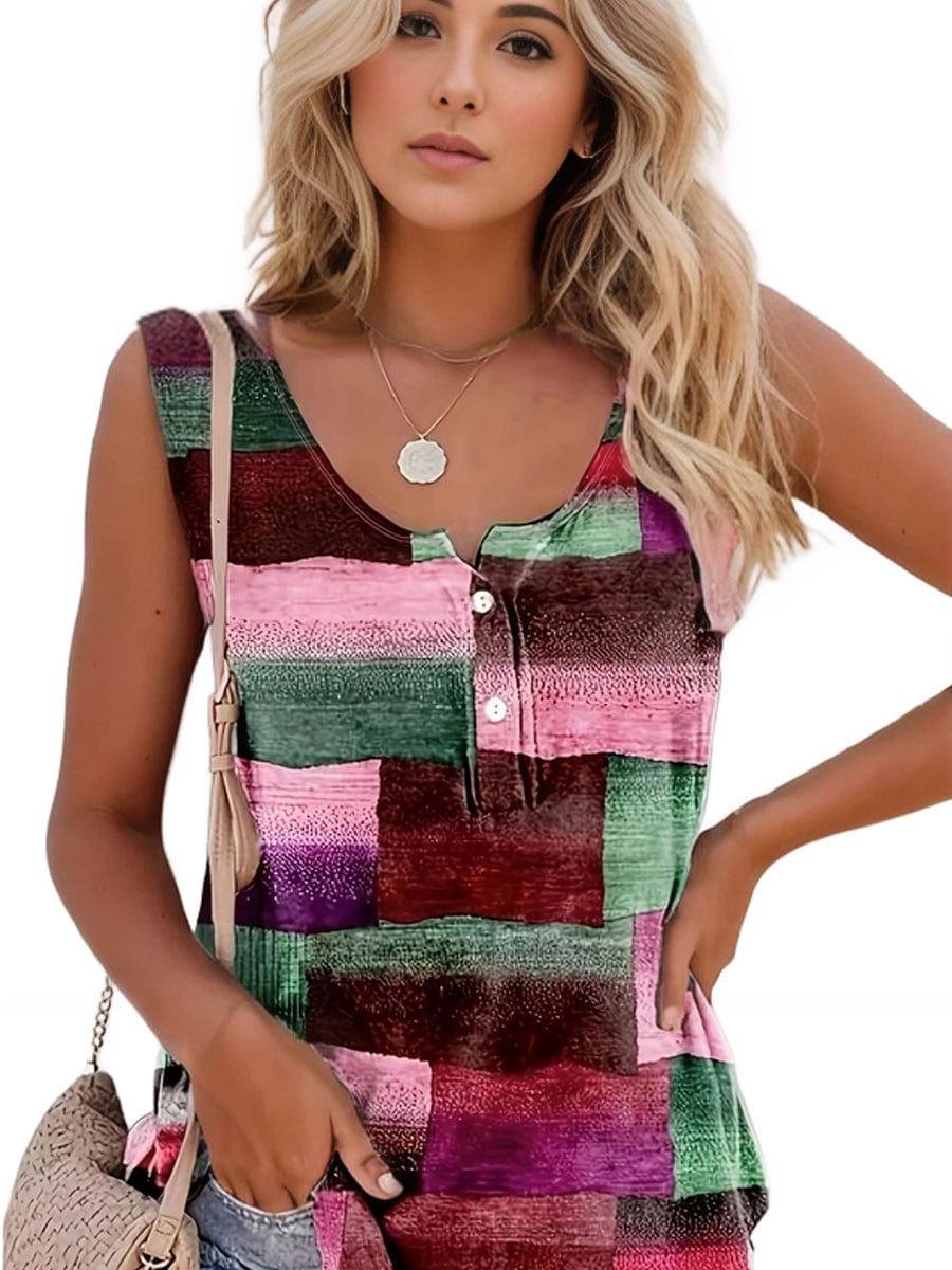 Plus Size Casual Tank Top, Women's Plus Patchwork Print Medium Stretch Henley Tank Top