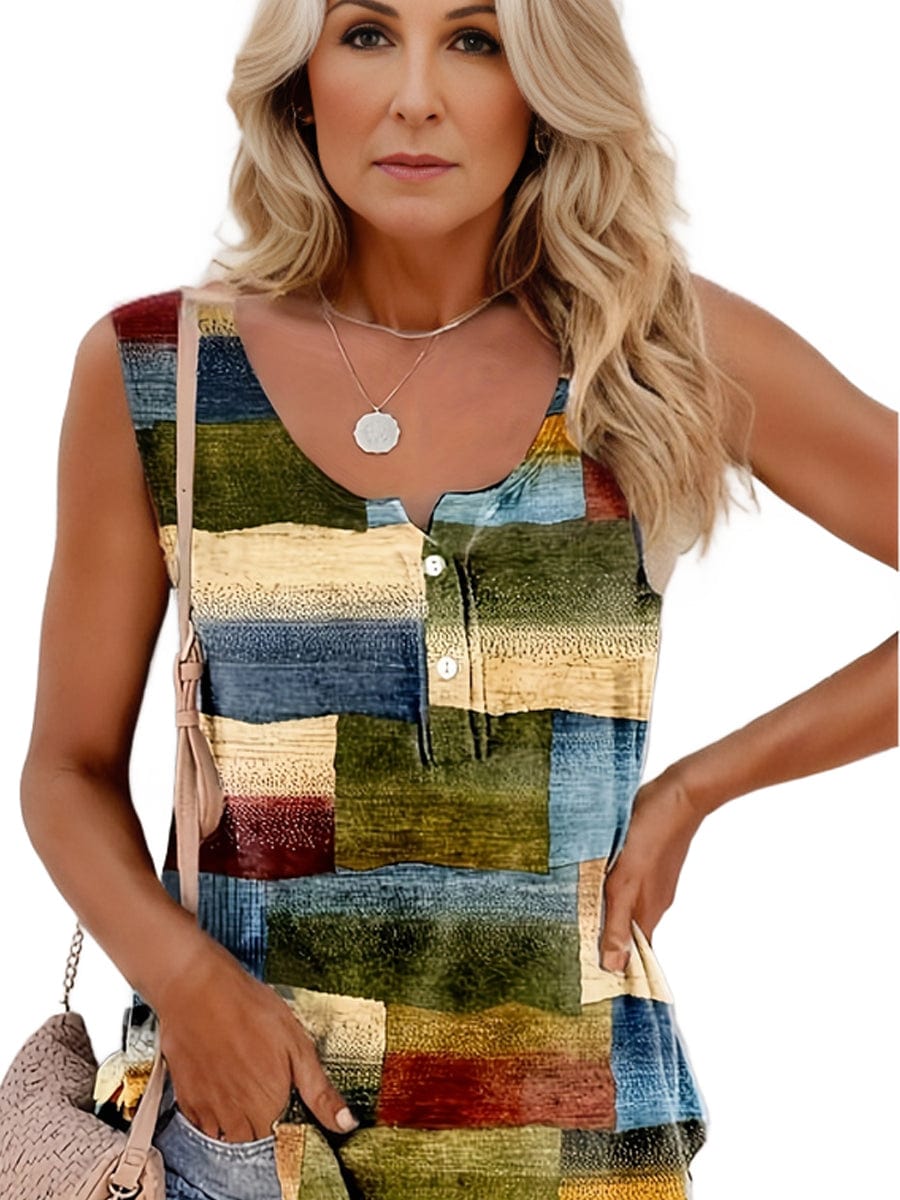 Plus Size Casual Tank Top, Women's Plus Patchwork Print Medium Stretch Henley Tank Top