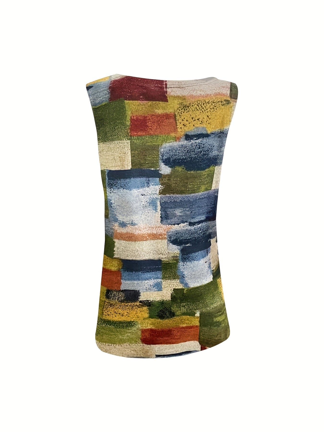 Plus Size Casual Tank Top, Women's Plus Patchwork Print Medium Stretch Henley Tank Top