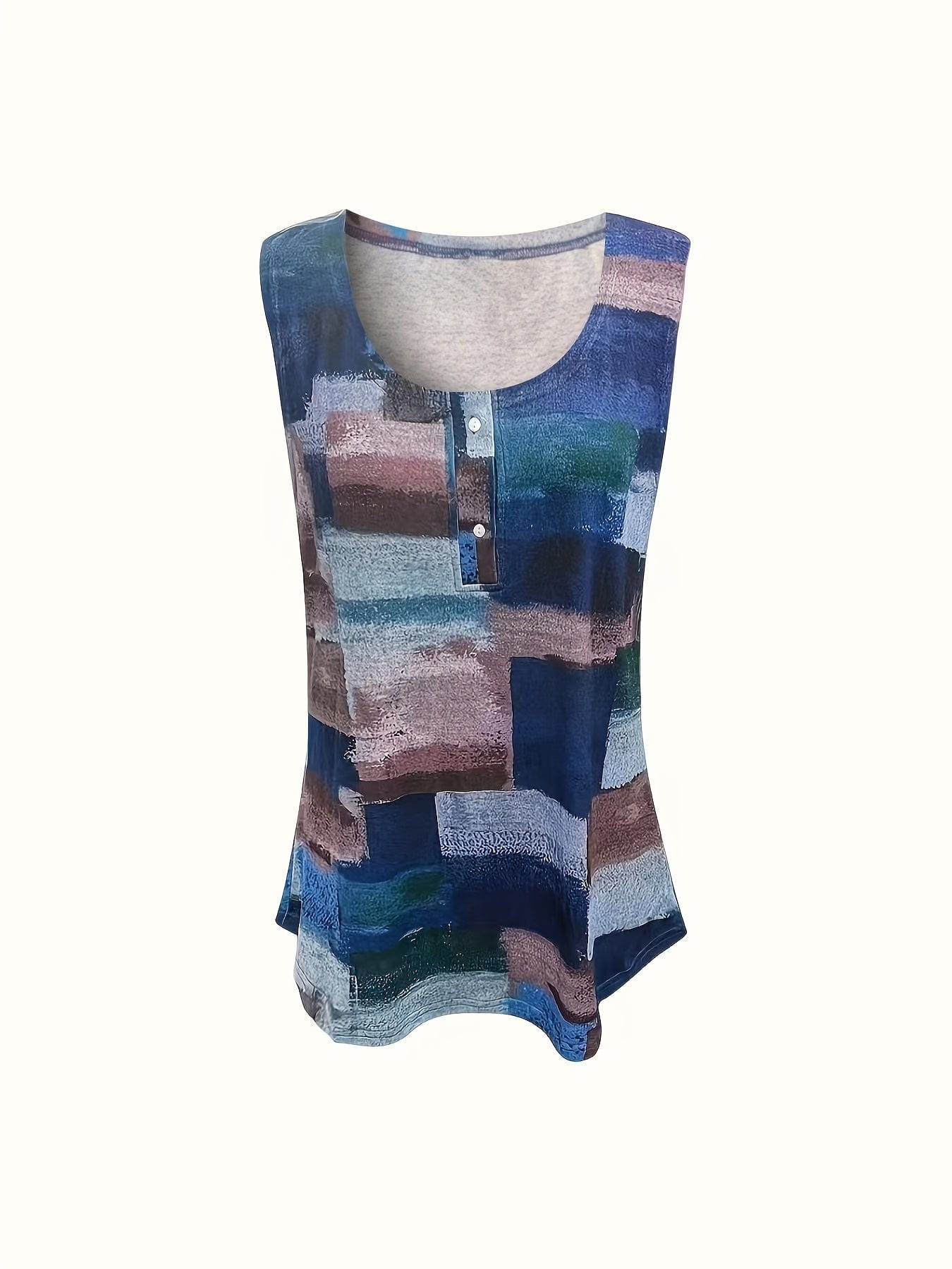 Plus Size Casual Tank Top, Women's Plus Patchwork Print Medium Stretch Henley Tank Top
