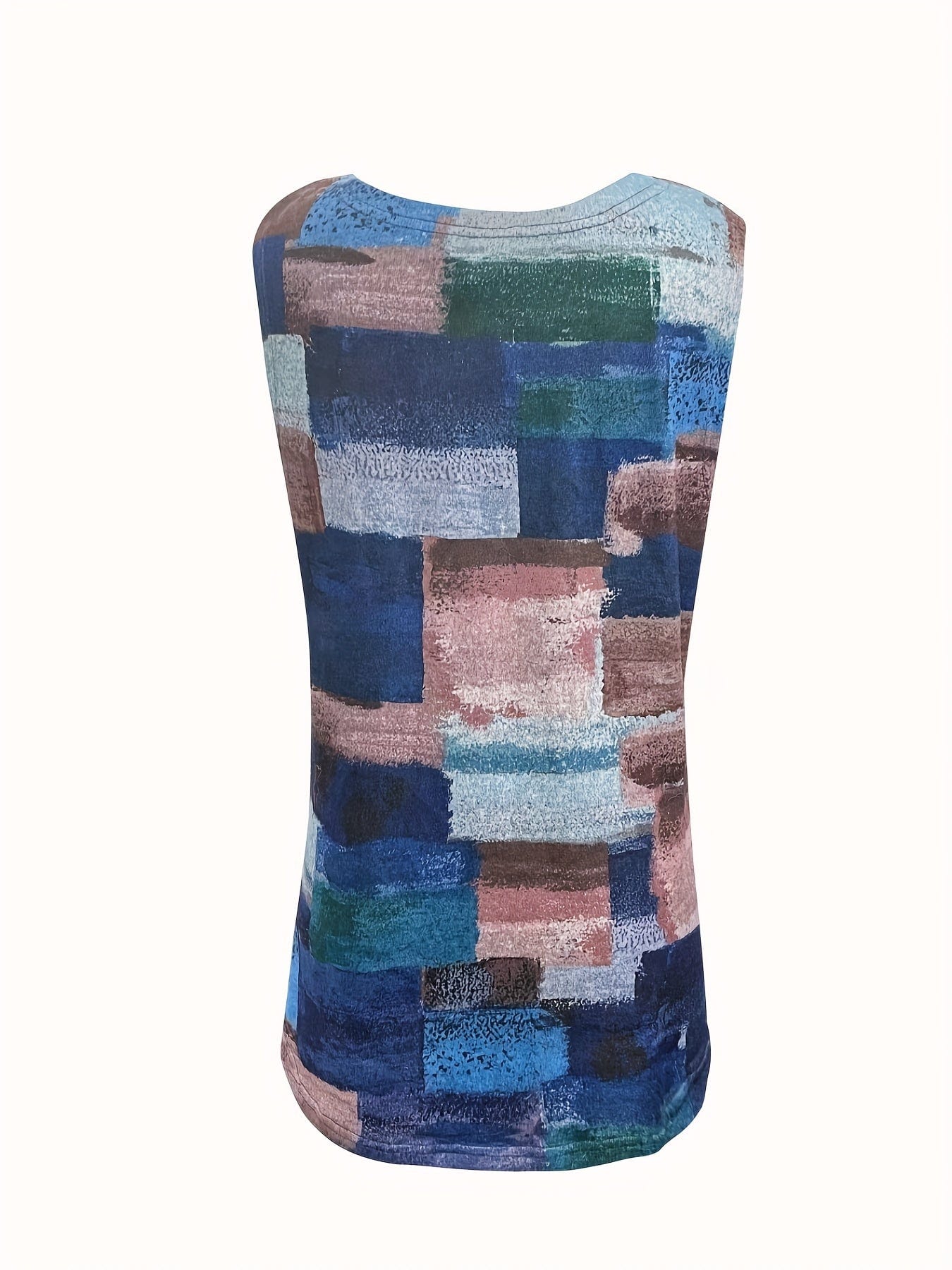 Plus Size Casual Tank Top, Women's Plus Patchwork Print Medium Stretch Henley Tank Top