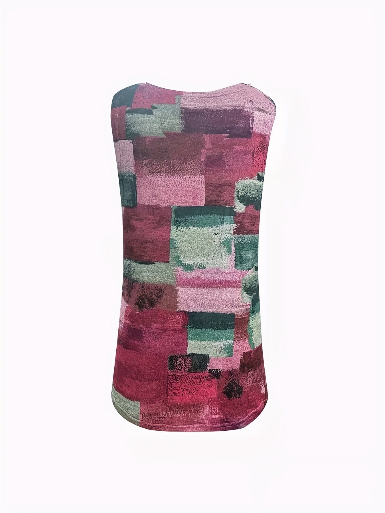 Plus Size Casual Tank Top, Women's Plus Patchwork Print Medium Stretch Henley Tank Top