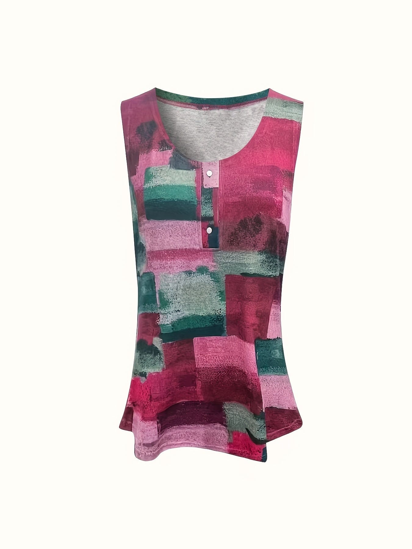Plus Size Casual Tank Top, Women's Plus Patchwork Print Medium Stretch Henley Tank Top