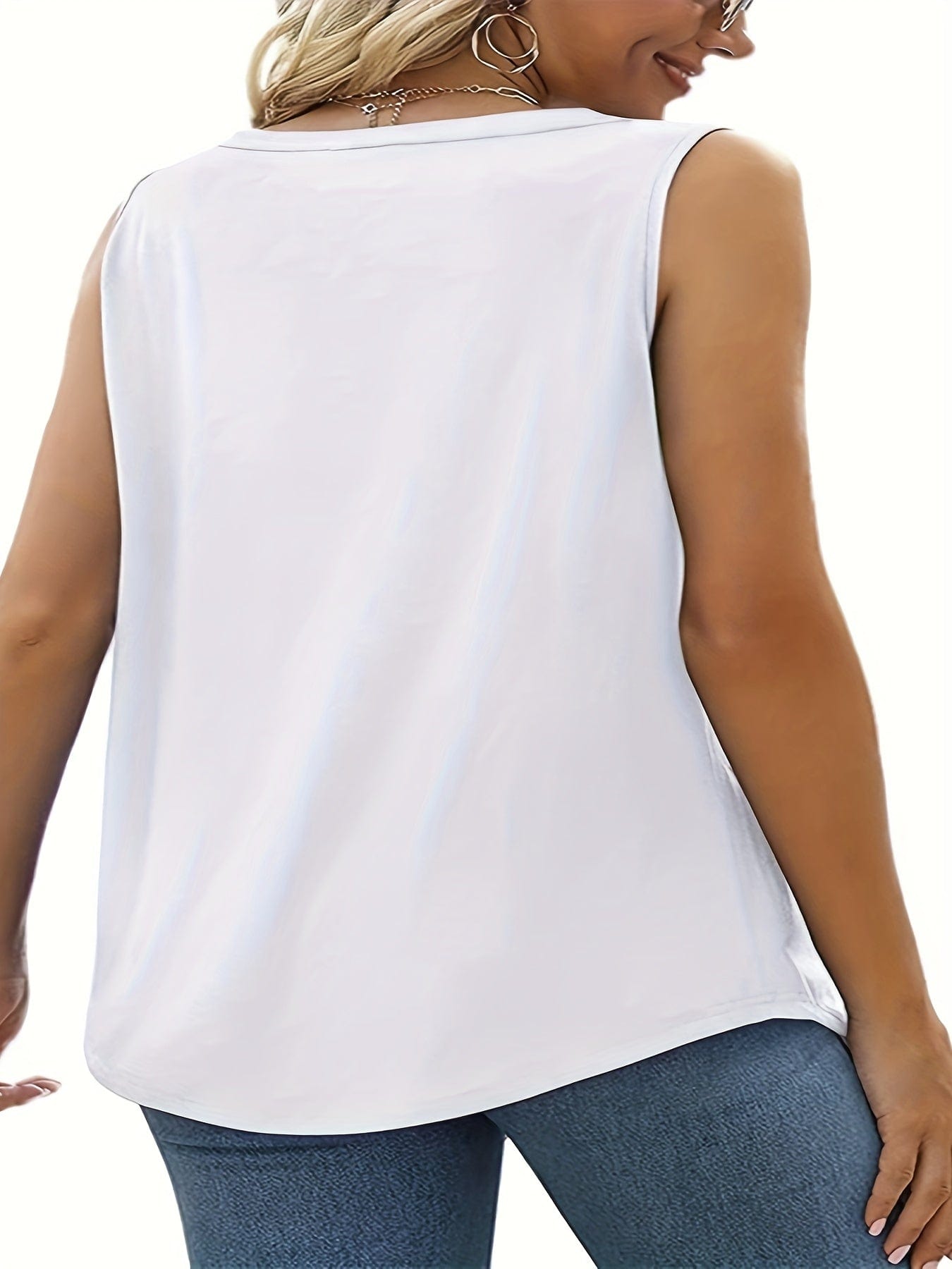 Plus Size Casual Tank Top, Women's Plus Solid Square Neck Slight Stretch Pleated Tank Top