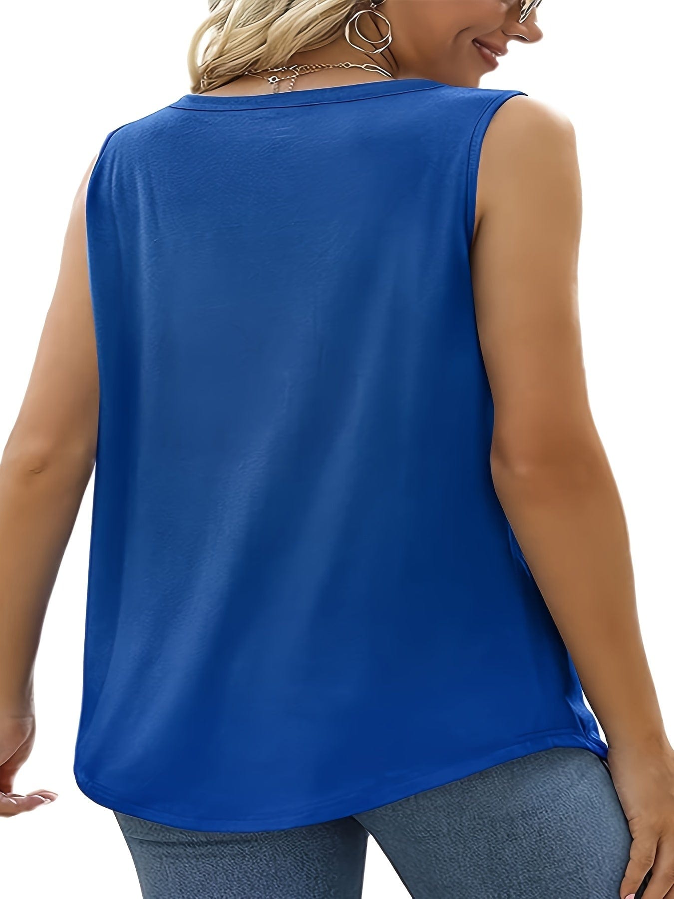 Plus Size Casual Tank Top, Women's Plus Solid Square Neck Slight Stretch Pleated Tank Top