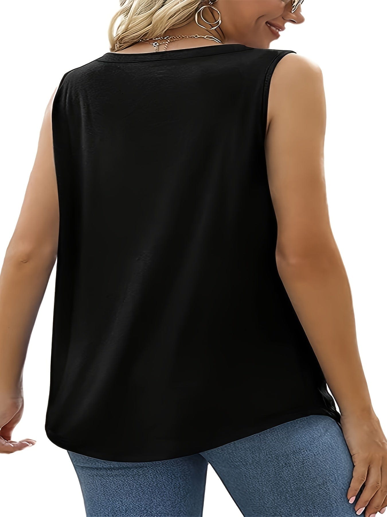 Plus Size Casual Tank Top, Women's Plus Solid Square Neck Slight Stretch Pleated Tank Top