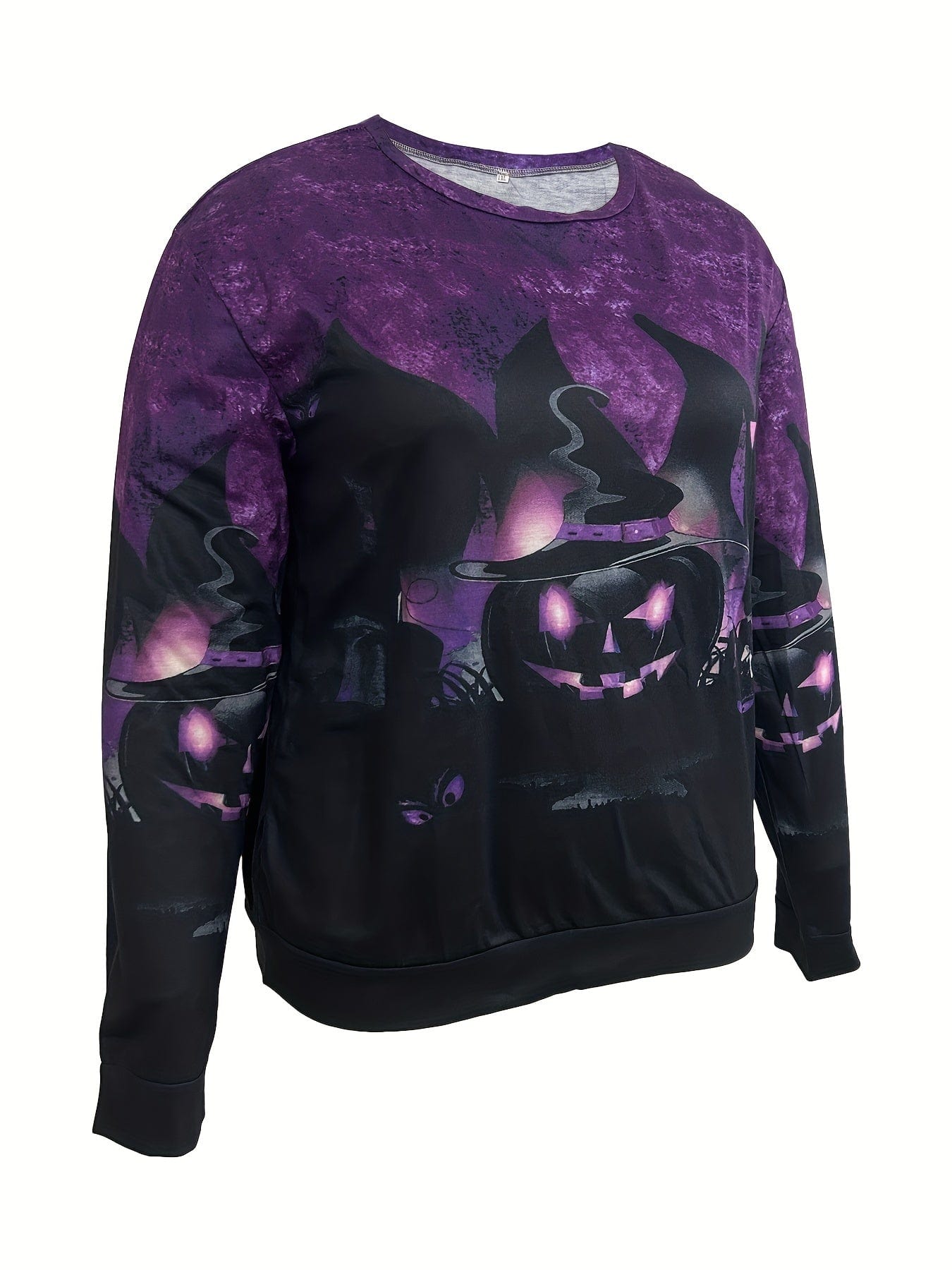 Plus Size Halloween Casual Sweatshirt, Women's Plus Witch Hat Pumpkin Print Long Sleeve Round Neck Pullover Top