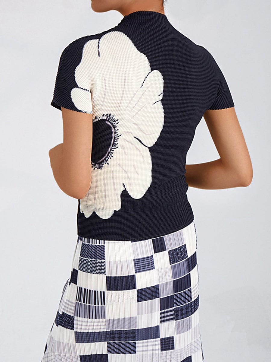 Slim Pleated Elastic Print Commuting All Match Short Sleeved T-Shirt