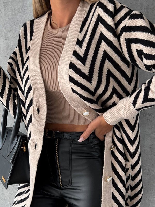 Strip Print Button Knitted Cardigan