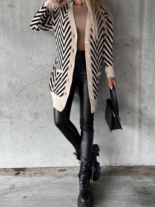 Strip Print Button Knitted Cardigan
