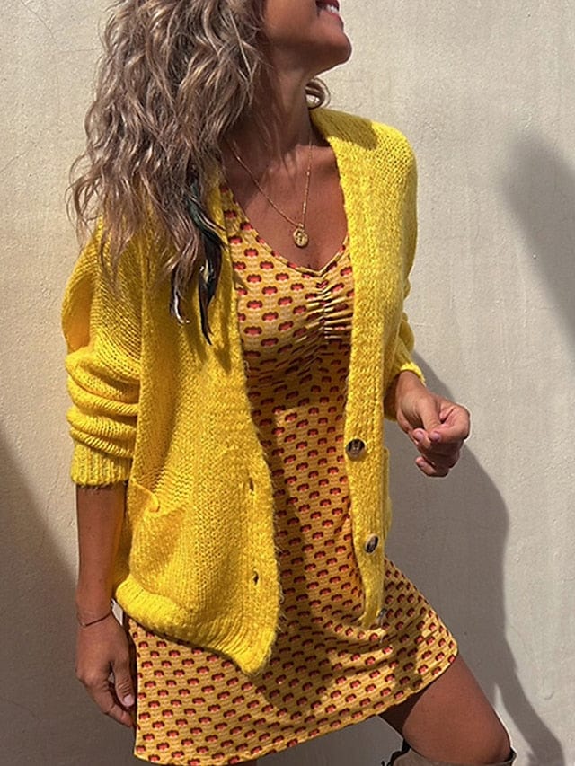 Yellow Women's Ribbed Knit Cardigan Sweater with V Neck/Button Detail