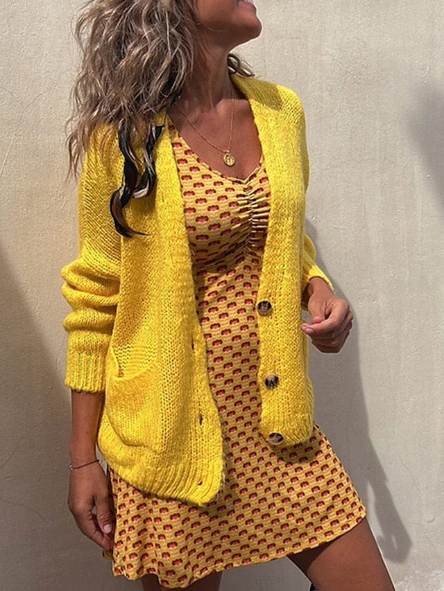 Yellow Women's Ribbed Knit Cardigan Sweater with V Neck/Button Detail