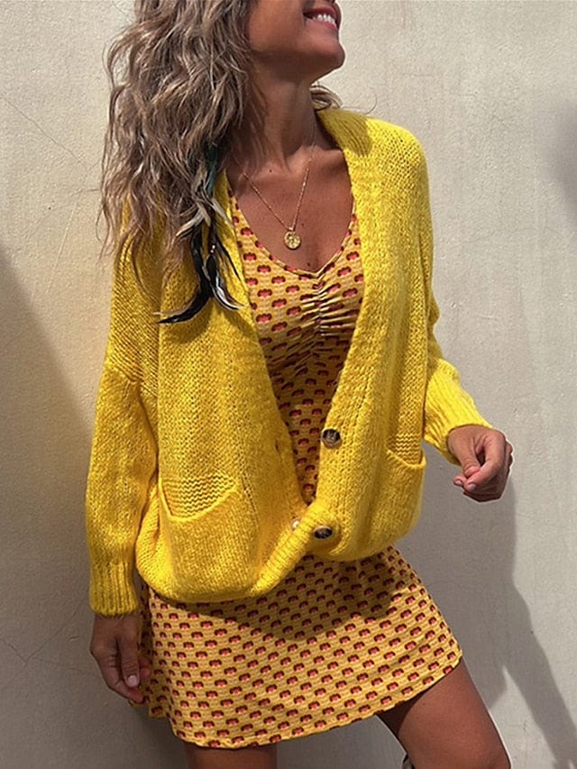 Yellow Women's Ribbed Knit Cardigan Sweater with V Neck/Button Detail