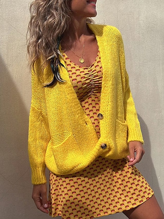Yellow Women's Ribbed Knit Cardigan Sweater with V Neck/Button Detail
