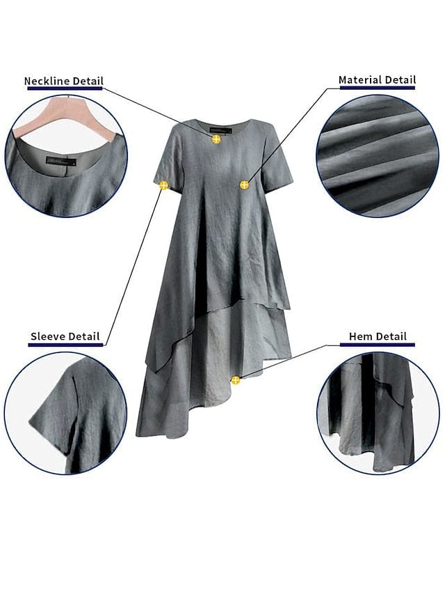 A-Line Women's Cotton Linen Midi Dress with Crew Neck