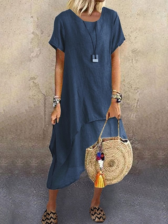 A-Line Women's Cotton Linen Midi Dress with Crew Neck