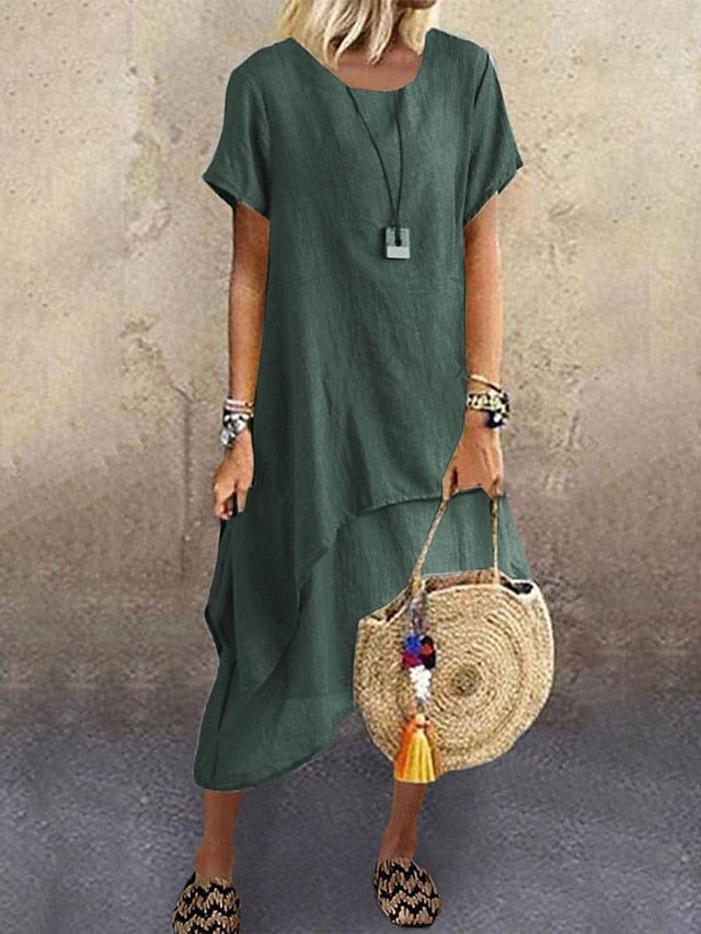 A-Line Women's Cotton Linen Midi Dress with Crew Neck