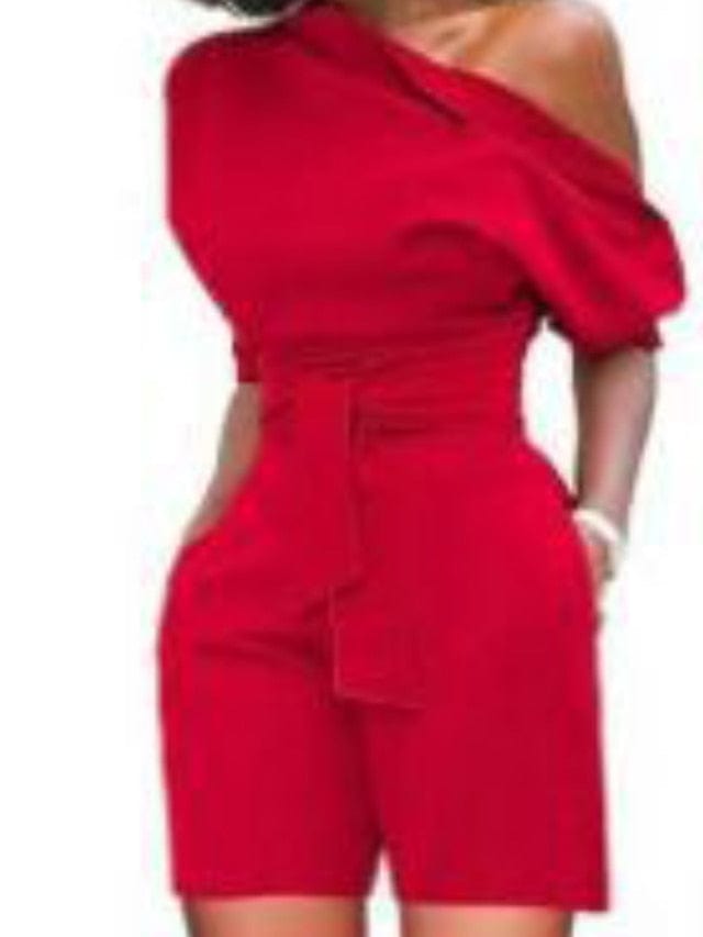 Yellow and Red One Shoulder Lace-Up Backless Romper with Half Sleeves