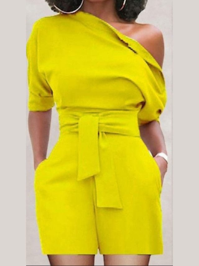 Yellow and Red One Shoulder Lace-Up Backless Romper with Half Sleeves