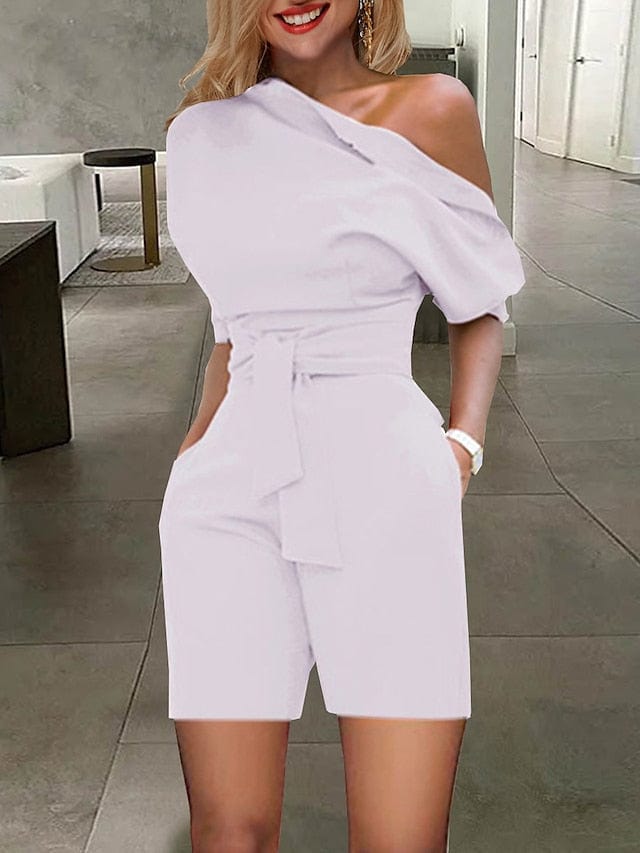Yellow and Red One Shoulder Lace-Up Backless Romper with Half Sleeves