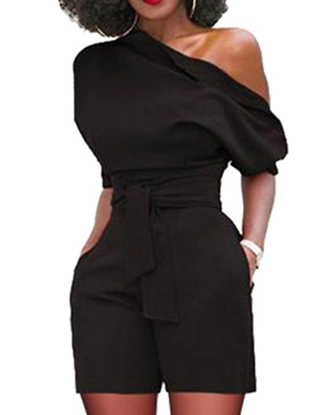 Yellow and Red One Shoulder Lace-Up Backless Romper with Half Sleeves