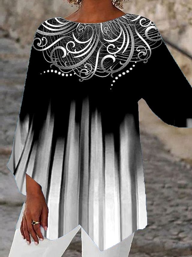 Abstract Graphic Print Women's Asymmetric Long Sleeve Blouse
