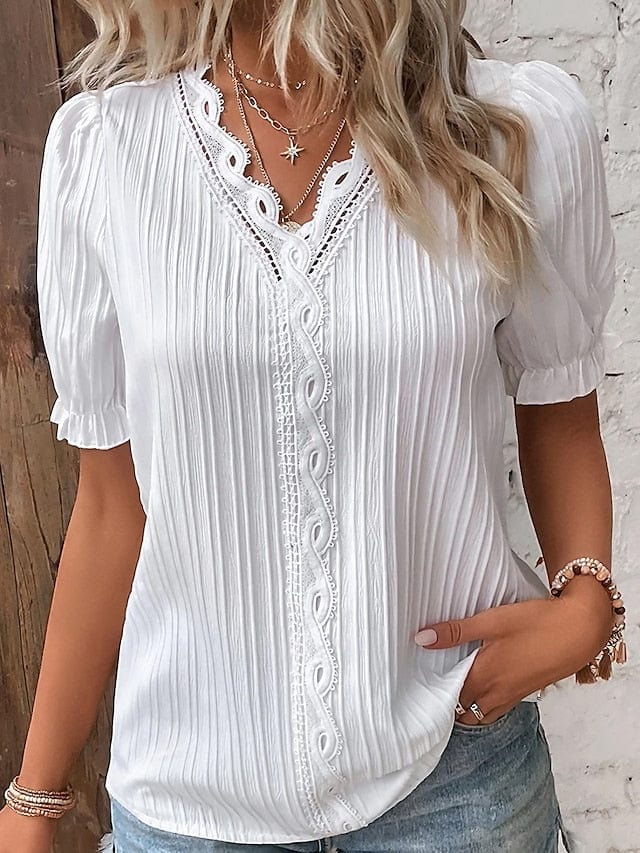 Yellow-green Violets White Lace Trim V-Neck Short Sleeve Blouse