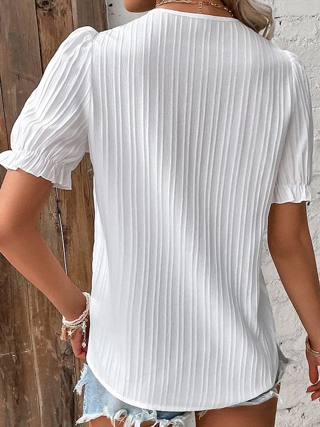 Yellow-green Violets White Lace Trim V-Neck Short Sleeve Blouse