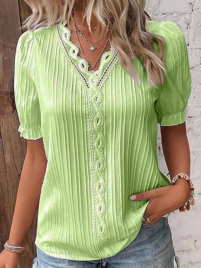 Yellow-green Violets White Lace Trim V-Neck Short Sleeve Blouse