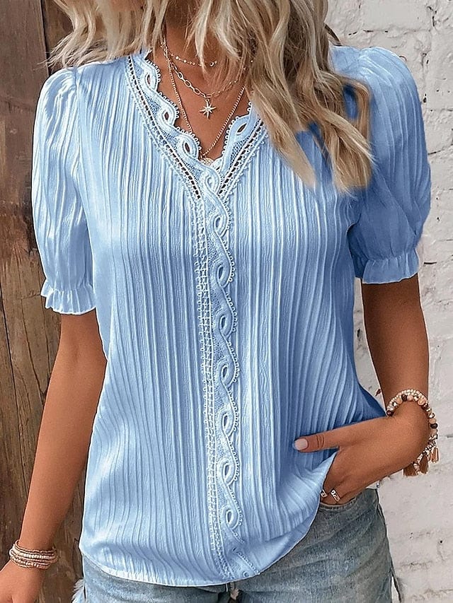 Yellow-green Violets White Lace Trim V-Neck Short Sleeve Blouse