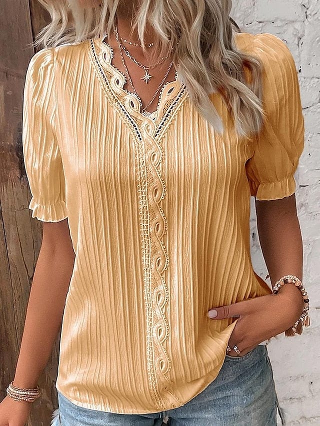 Yellow-green Violets White Lace Trim V-Neck Short Sleeve Blouse