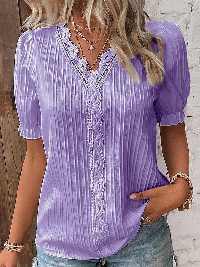 Yellow-green Violets White Lace Trim V-Neck Short Sleeve Blouse