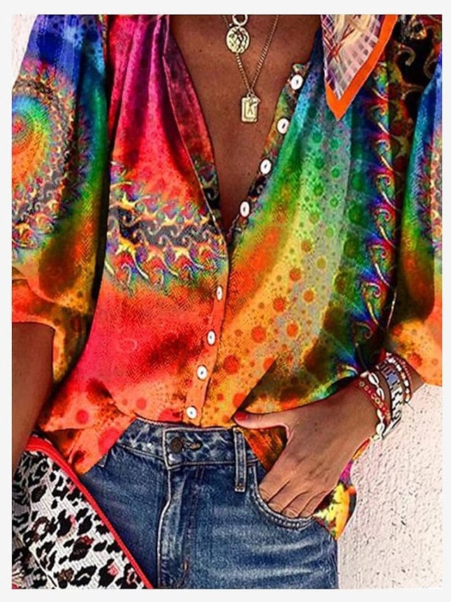 Yellow and Orange Graphic Print V-Neck Long Sleeve Shirt Blouse