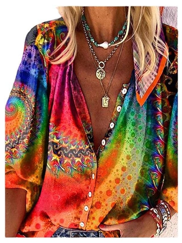Yellow and Orange Graphic Print V-Neck Long Sleeve Shirt Blouse