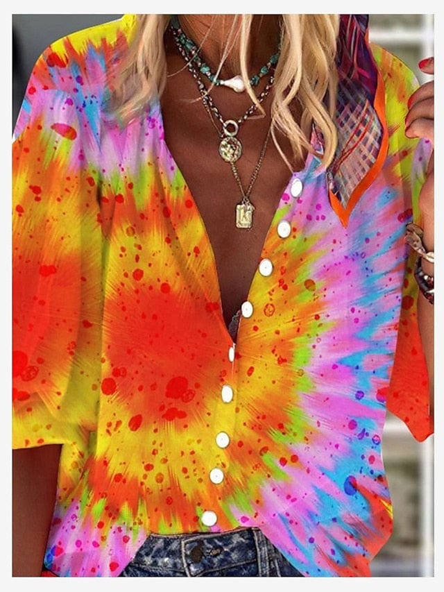 Yellow and Orange Graphic Print V-Neck Long Sleeve Shirt Blouse