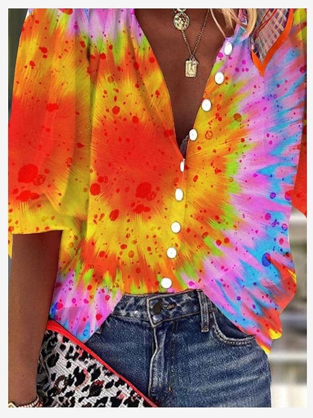 Yellow and Orange Graphic Print V-Neck Long Sleeve Shirt Blouse