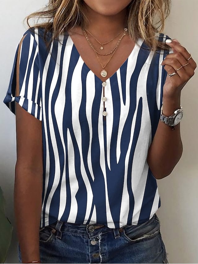 Anchor and Zebra Print V-Neck Women's T-Shirt with Cut Out Design