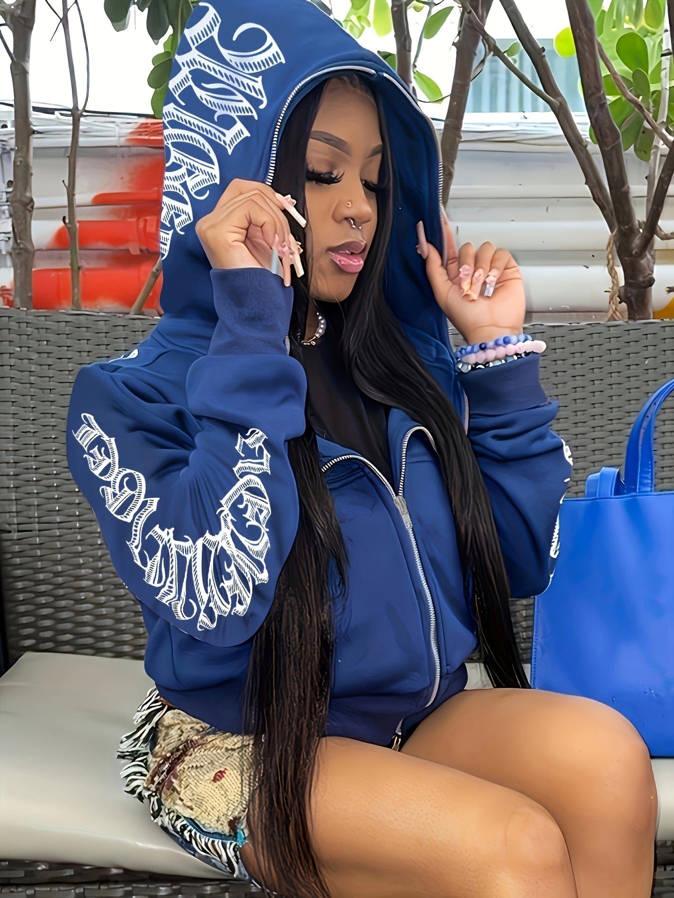 Y2K Style Letter Graphic Zip Up Long Sleeve Sports Hoodie