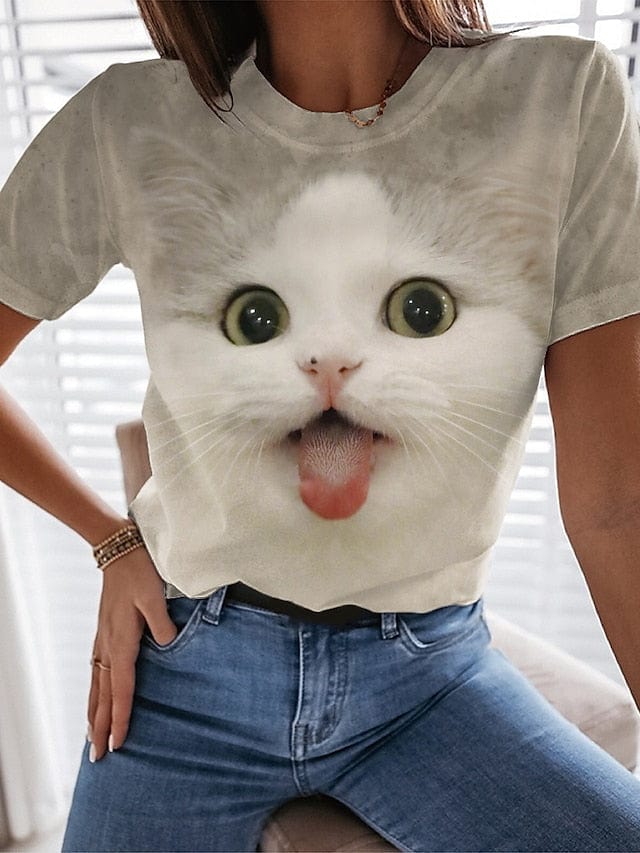 3D Cat Print Women's Graphic T-Shirt in Black White Blue